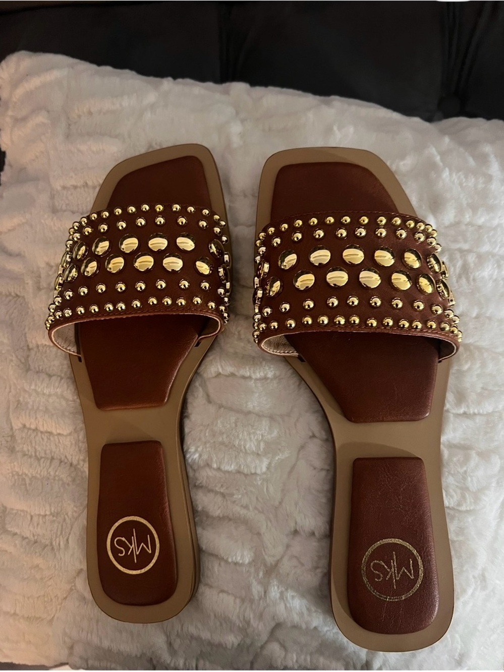 Brown Slide Sandals with Gold Studs